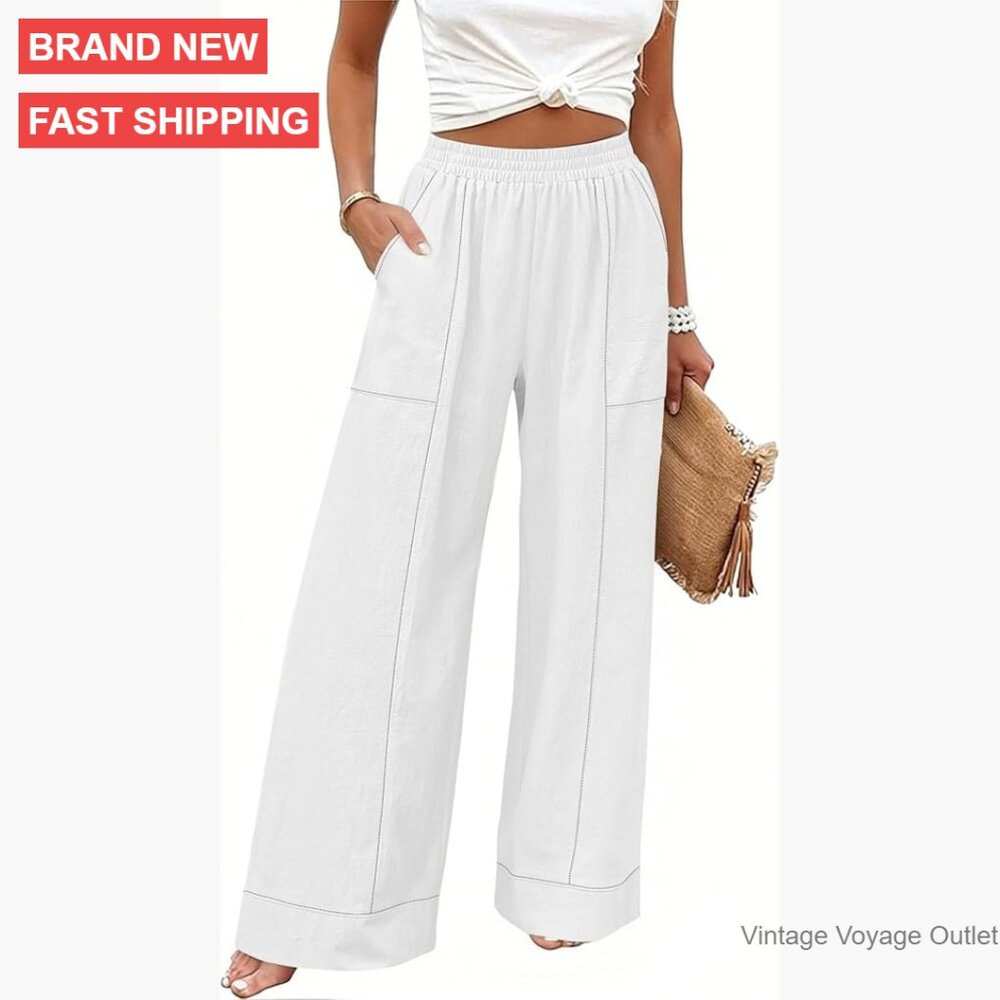 Wide Leg Palazzo Pants with Pockets, Elastic Waist, Cotton Linen Blend